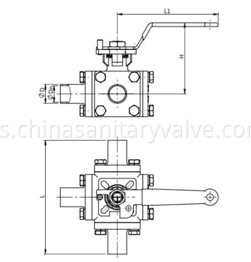 DIN Sanitary ball valve full bore 3 way welded